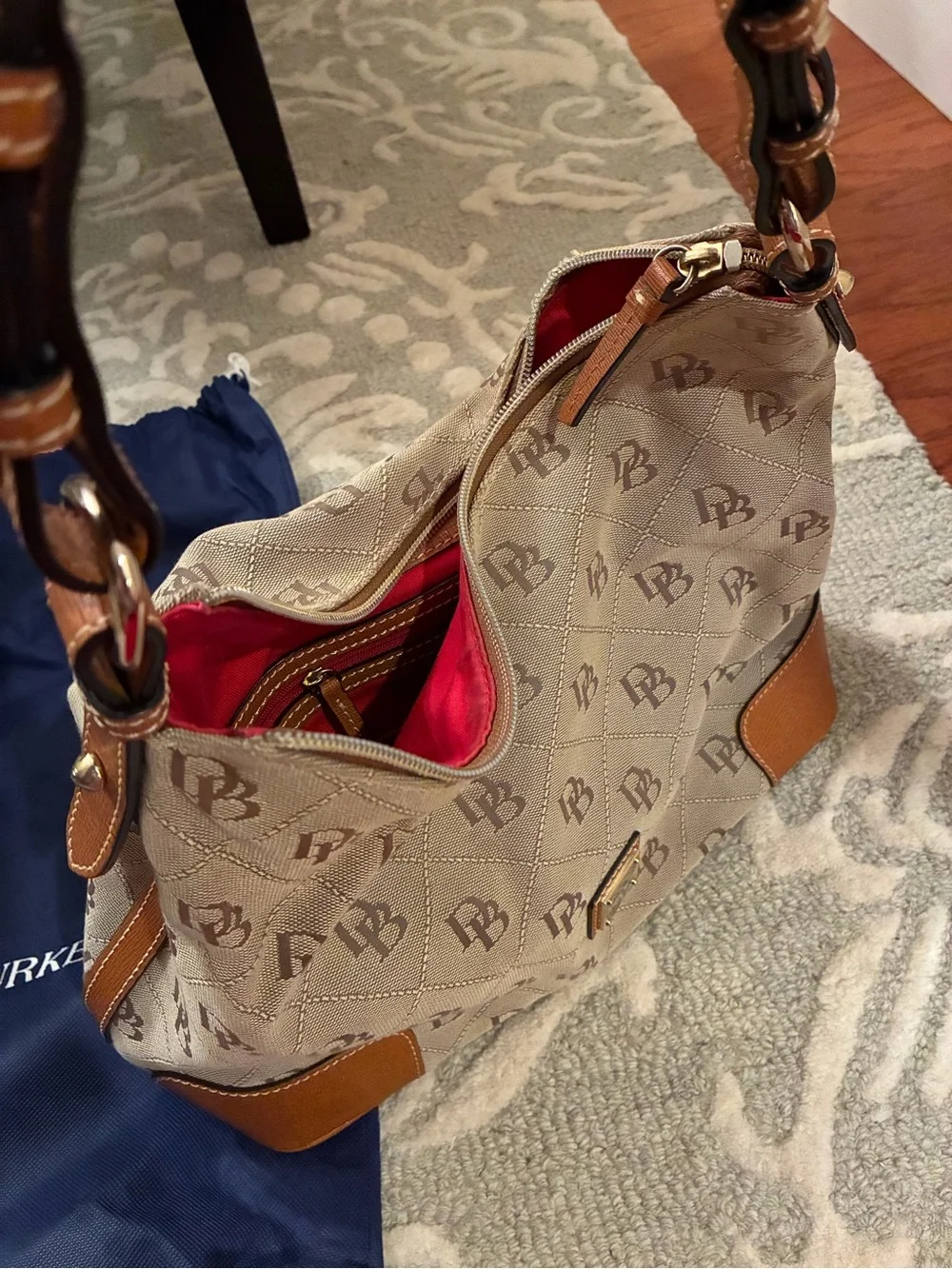 Dooney & Bourke Tan Logo Quilted Hobo with Cognac Trim Purse